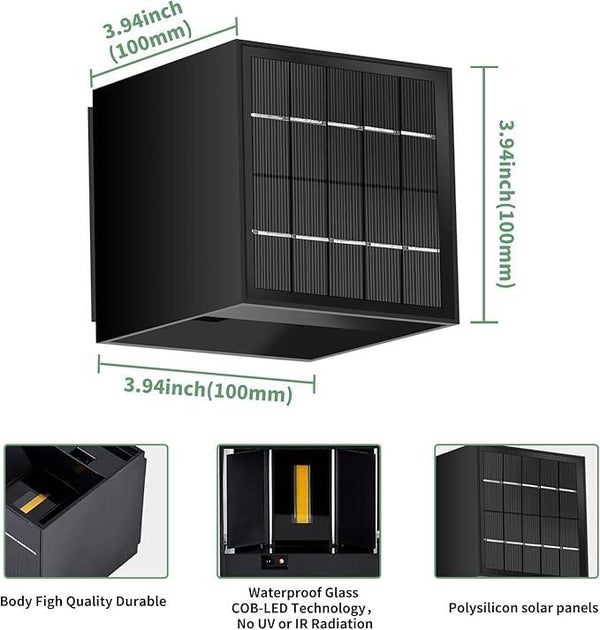 LANFU Solar Powered Motion Sensor Square Outdoor Wall Lights, Black Modern Up and Down Wall Lamps, IP65 Waterproof Warm White 3000K Wall Sconce Light Exterior for Fence Garden Outside