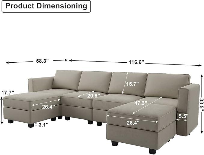 Belffin Modular Sectional Sofa with Reversible Chaises Velvet U Shaped Sectional Couch with Storage Seat Grey