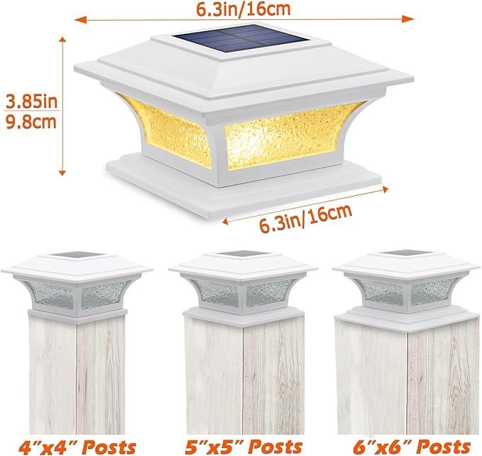 SIEDiNLAR Solar Post Lights Outdoor Glass LED Fence Cap Light 2 Modes for 4x4 5x5 6x6 Posts Patio Deck Garden Decoration Warm White/Cool White Lighting White (2 Pack)