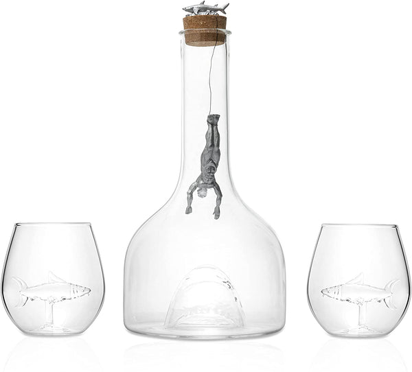 Shark Wine & Whiskey Decanter & Glasses Set by The Wine Savant - 1000ml Shark Decanter with 2 10oz Glasses - Shark Figurine, Aquatic Home Decor, Whiskey Gifts for Sea Lovers, Nautical Gifts, Gift Set