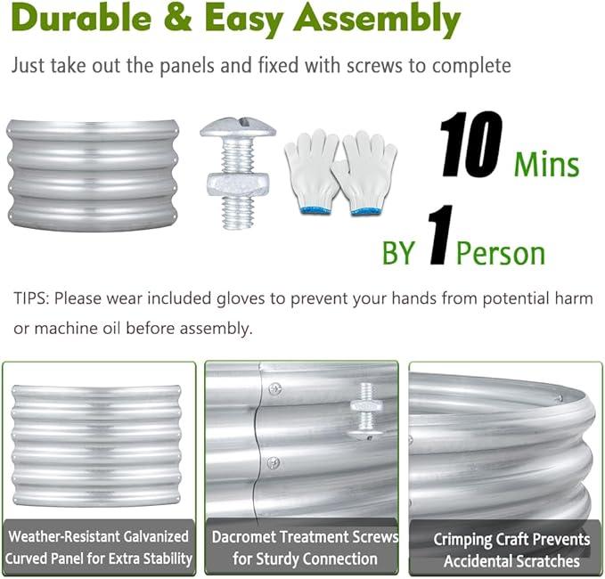 FORTUNO 2 Pcs 2 Ft Round Raised Garden Bed Box Galvanized Metal Outdoor Flower Bed Steel Patio Ground Planter for Planting Vegetables and Herbs, Silver