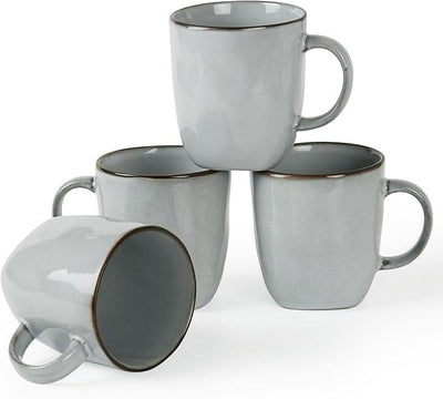 famiware Coffee Mugs Set of 4, Ocean Square 13oz Coffee Cup Set with Handle for Cocoa, Milk, Hot Chocolate, Tea, Water, Stoneware Cups for Kitchen, Microwave and Dishwasher Safe, Grey