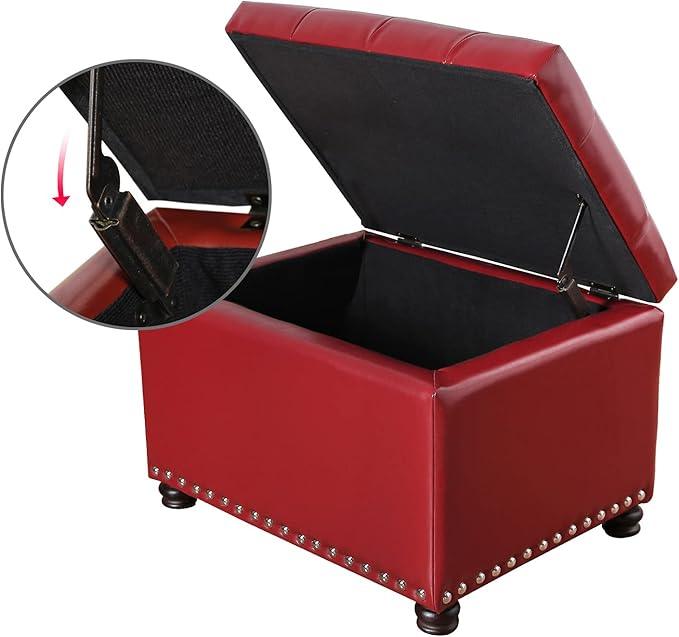 24'' Leather Storage Ottoman Rectangular Foot Rest Stool with Nailhead Trim for Bedroom Living Room(Red)