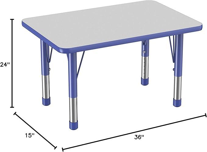 FDP Rectangle Activity School and Classroom Kids Table (24 x 36 inch), Chunky Toddler Leg, Adjustable Height 15-24 inches - Gray Top and Blue Edge