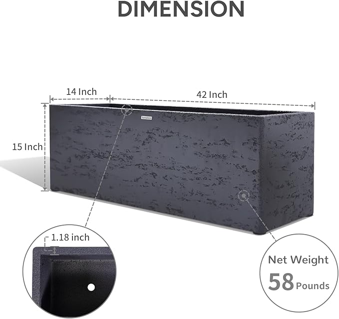 42 Inch Rectangular Concrete Planter（42Lx14Wx15H，58 Pounds）,Durable All-Weather Use with Drainage Holes,Large Rectangular Planter for Outdoor Indoor Plants
