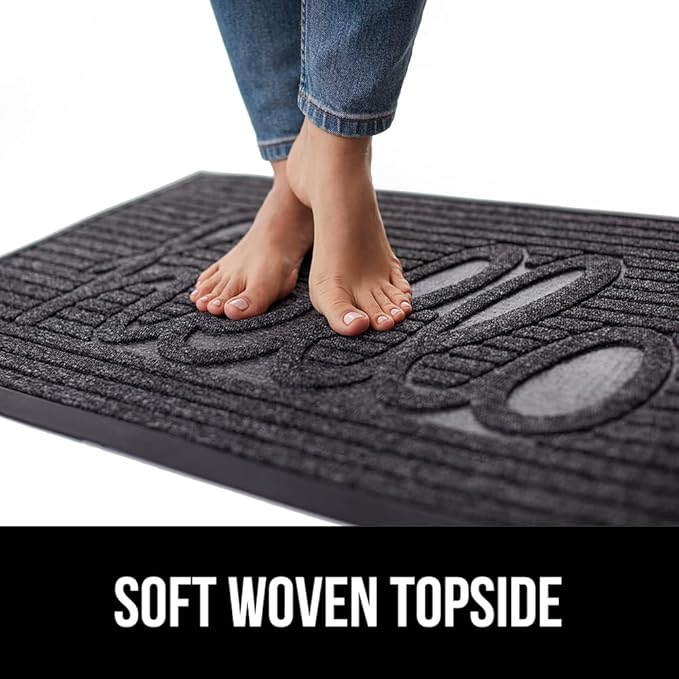 GORILLA GRIP 100% Waterproof All-Season WeatherMax Doormat 35x23, US Designed Natural Rubber, Stain and Fade Resistant, Low Profile Indoor Outdoor Door Mats, Easy Clean Patio Mat, Charcoal Hello