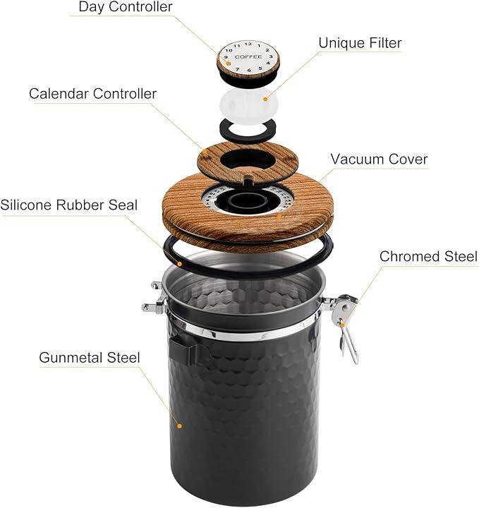 TEDSWAIT Coffee Canisters Airtight Coffee Bean Storage Container Kitchen Stainless Steel Food Storage Container with Scoop Date Tracker & CO2 Valve 61Fl Oz (Diamond Black)