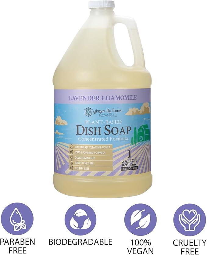 Ginger Lily Farms Botanicals Plant-Based Liquid Dish Soap, Concentrated Formula with Max Grease Cleaning Power, Cruelty-Free, Lavender Chamomile Scent, 1 Gallon Refill (128 Fl. Oz.)