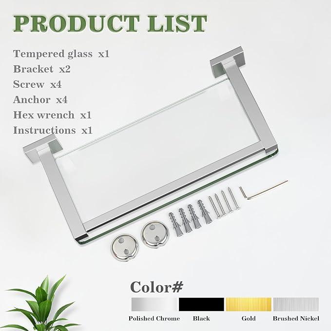 Alise Glass Shelves for Bathroom Wall, Tempered Glass Bathroom Shelf Wall Mounted, Modern Space Saving Floating Shelves 12 inch, Brushed Nickel
