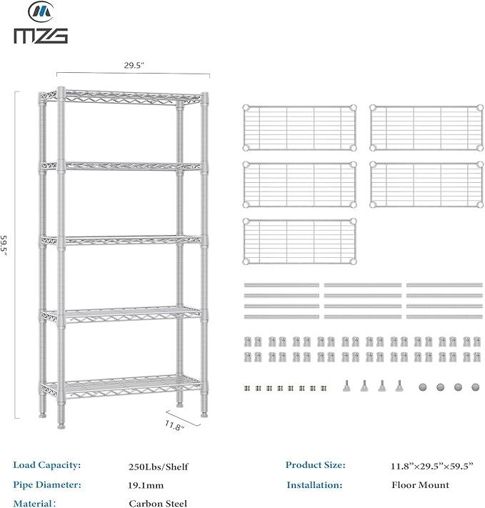 1250 lbs 5 Tier Shelf Metal Storage Shelves Wire Rack Closet Organizers for Garage Kitchen Bathroom Laundry White 11.8