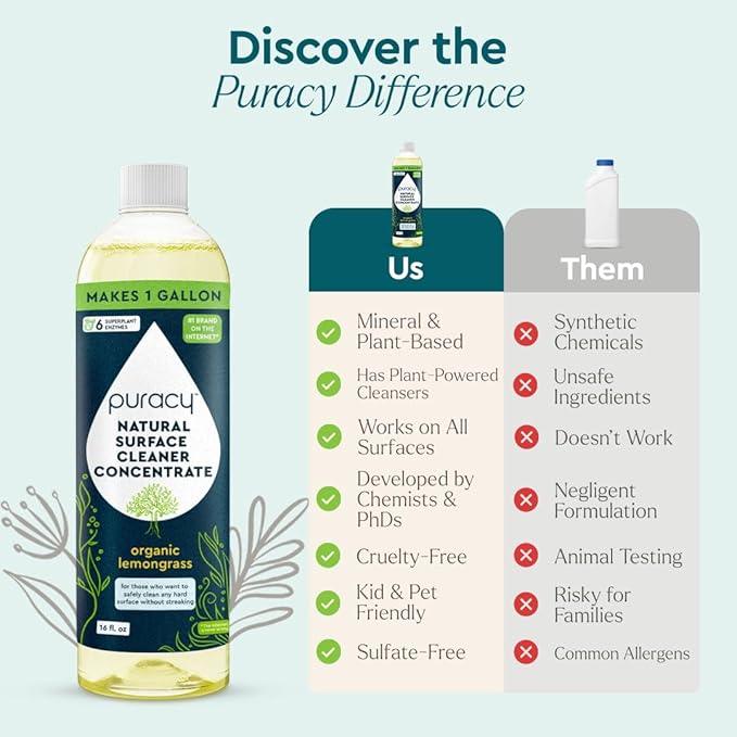 Puracy Multi-Surface Cleaner Concentrate - Plant-Powered Everyday Surface Cleaner - Natural All Purpose Cleaning Solution As Seen on TikTok (Organic Lemongrass, 16 fl oz)