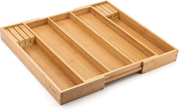 Purawood Kitchen Drawer Organizer with Knife Blocks - Utensil Drawer Organizer for Kitchen, Cutlery Tray & Silverware Organizer, 3-5 Slots - Bamboo Organizer for Utensils & Flatware (Natural)