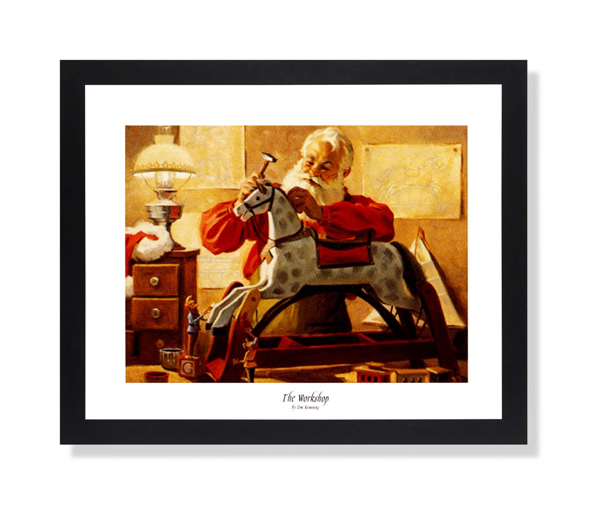 Christmas Art Print - Santa Claus Rocking Horse with Elves | Black Wood Frame, Ready to Hang