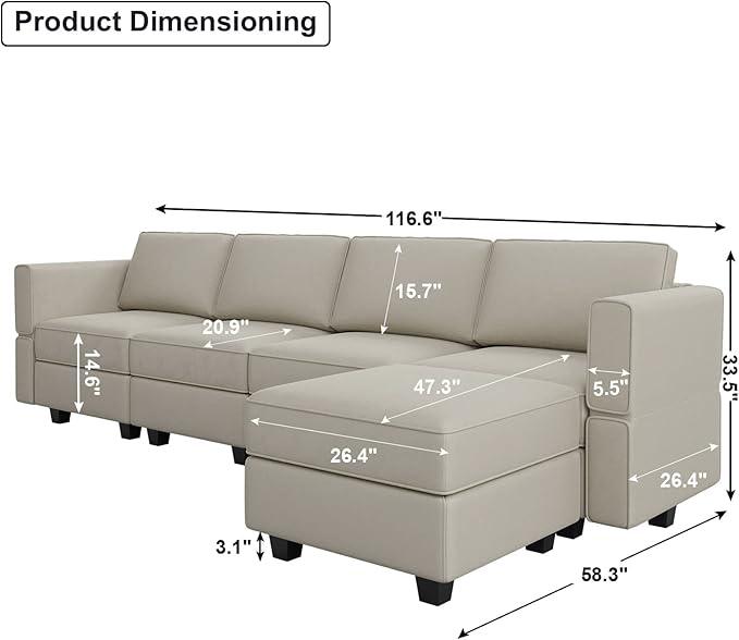 Belffin Modular Sectional Sofa Couch with Reversible Chaise Velvet L Shaped Couch with Storage 4-seat Convertible Sofa Grey…
