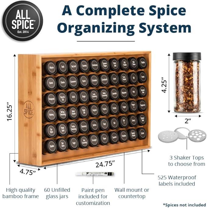 AllSpice Spice Rack Organizer, Wood, 525 Unique Labels, Countertop or Wall Mount, Includes 60 4oz Jars- Bamboo