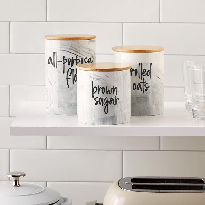 Farmlyn Creek Sugar & Coffee Container Set 3-Piece - White Marble Finish Ceramic Jar Set - Airtight Wood Lids - Ceramic Containers with Lids for Countertop Storage (5.9