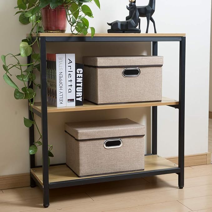 PRANDOM Collapsible Storage Cubes with Lids [3-Pack] Jute Fabric Foldable Storage Boxes Organizer Containers Baskets Bins with Cover for Home Bedroom Closet Office Nursery (14.9x9.8x9.8)