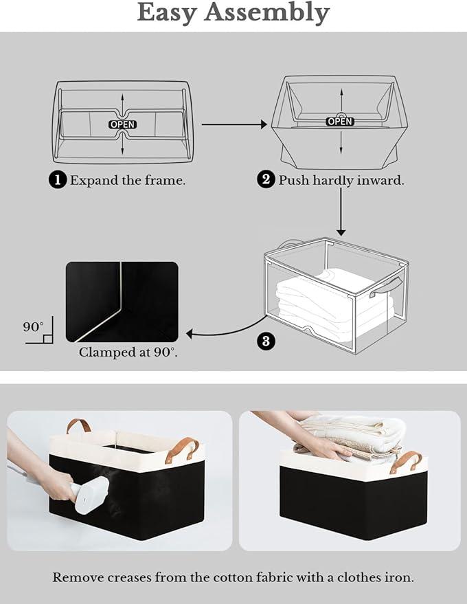 StorageWorks Storage Bins, Fabric Storage Bins for Shelves, Extra Large Storage Baskets with Metal Frame, Closet Baskets and Bins with Handles, Jumbo, Black and White, 2-Pack
