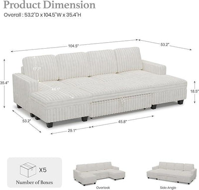 Belffin Modular Sectional Sleeper Sofa with Pull Out Couch Bed Corduroy Double Chaise with Storage White Couch