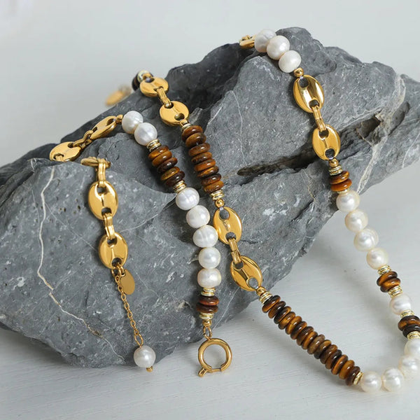 Freshwater Pearl Tiger Eye Stone Pig Nose Bracelet