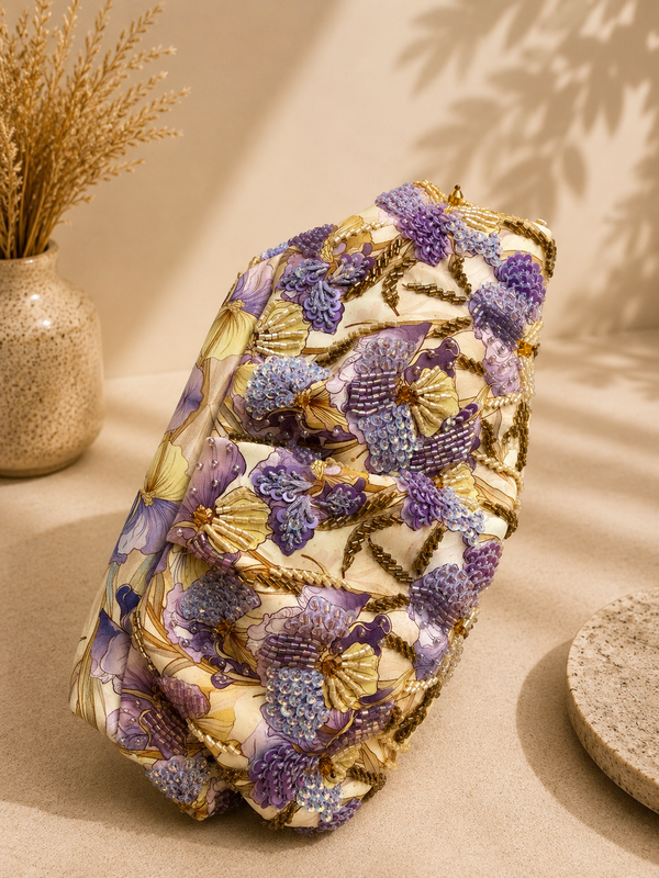The Garden Ruche in Lavender — Hand-Beaded Luxury Clutch Bag