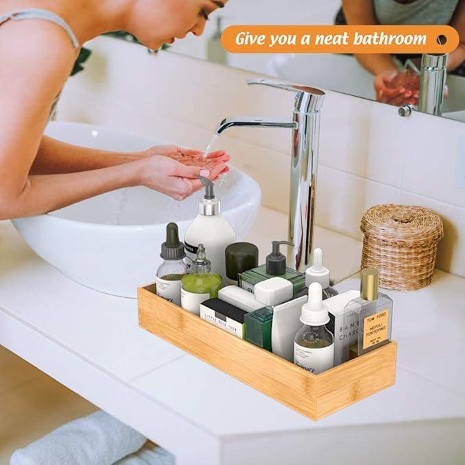 Bathroom Vanity Tray Organizer Bamboo, Small Wood Tray for Bathroom Counter Kicthen Drawer, Rectangular Toilet Paper Storage Basket Box, Guest Sink Tray Decor, Bathroom Accessories 15