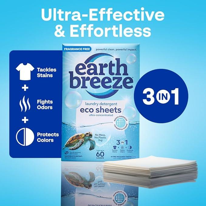 Earth Breeze Laundry Detergent Sheets Fragrance-Free - 60 Loads Eco Liquidless Soap - Travel-Friendly for Hot & Cold Cycles, Tackles Tough Stains & Odors - Gentle on Sensitive Skin, 30 Ct