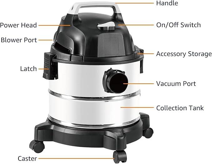 Amazon Basics Wet Dry Vacuum Cleaner, 4 gallon Shop, 3 HP Stainless Steel, Grey/Black