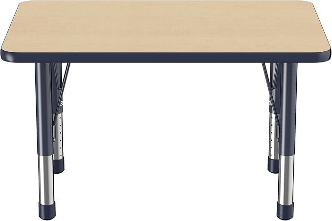 Factory Direct Partners FDP Rectangle Activity School and Classroom Kids Table (24 x 36 inch), Chunky Toddler Leg, Adjustable Height 15-24 inches - Maple Top and Navy Edge