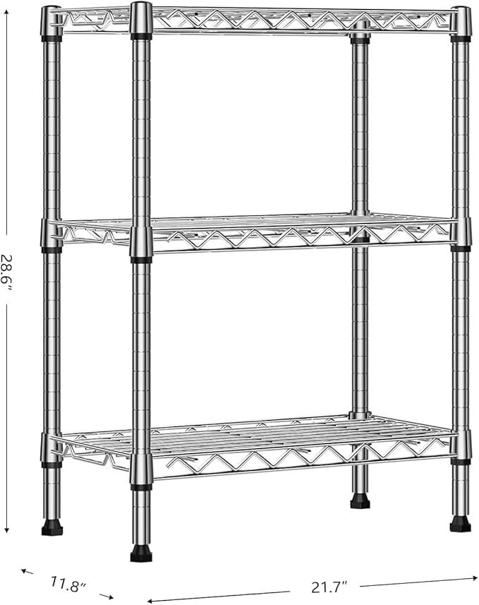 750 lbs 3 Tier Shelf Metal Storage Shelves Wire Rack Closet Organizers with PP Board for Garage Kitchen Bathroom Laundry Chrome 11.8