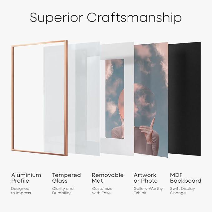 Homeforia 27x40 Poster Frame Rose Gold, High End Metal 27x40 Large Picture Frames with Mat 24x36 inch Photo, 27 x 40 Thin Frame Matted to 24 x 36 Print, 40x27 Frame, Tempered Glass, Wall Kit, Set of 1