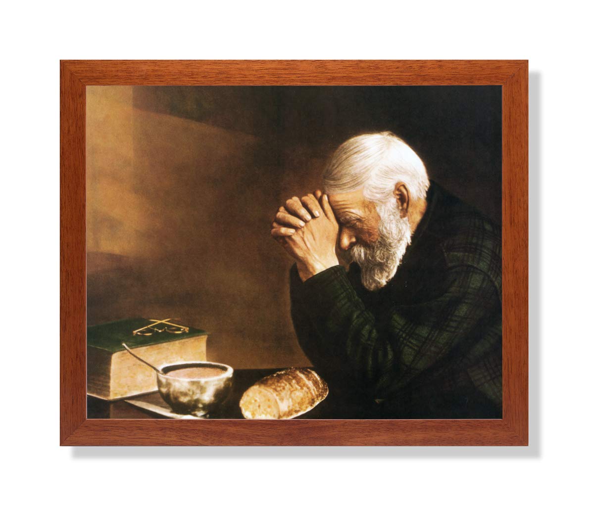 Religious Art Print - Daily Bread Man Praying | Framed Wall Art 16x20 Honey Frame