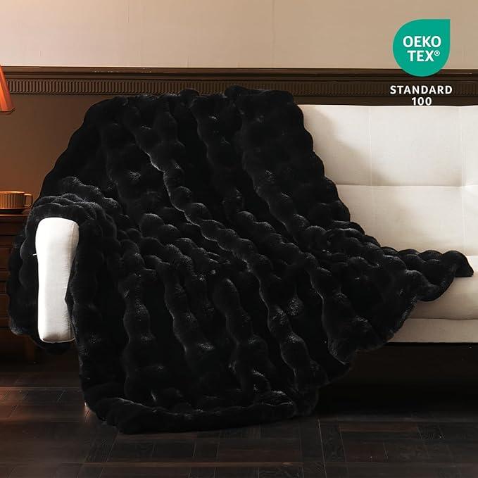 BENVWE Faux Fur Throw Blanket for Couch Bed - Fluffy Soft Thick Bubble Blanket for Living Room Home Decor - Fathers Day Birthday Gifts for Women Men, Black, 60