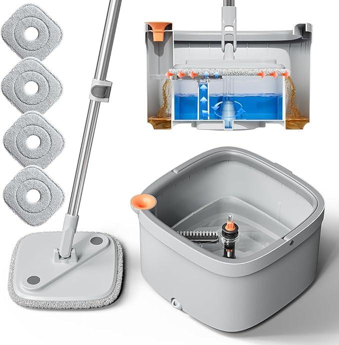 KZKR Spin Mop and Bucket Set with Self Separation Dirty and Clean Water System, Self Wringing 360° Rotating Square Mop Head for Home Floors Cleaning (1.0 Mop and Bucket Set (4 Pads))