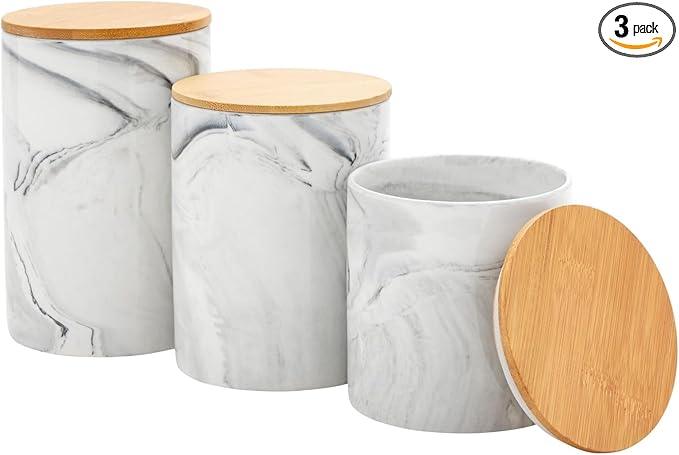 Farmlyn Creek Sugar & Coffee Container Set 3-Piece - White Marble Finish Ceramic Jar Set - Airtight Wood Lids - Ceramic Containers with Lids for Countertop Storage (5.9