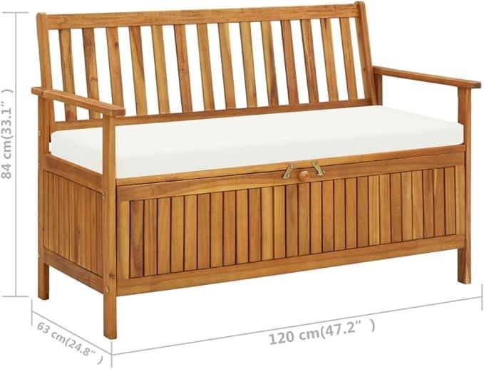 vidaXL Solid Acacia Wood Outdoor Storage Bench with Backrest, Armrests, and Cushion - 47.2