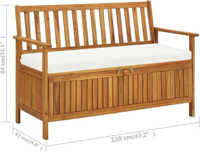 vidaXL Solid Acacia Wood Outdoor Storage Bench with Backrest, Armrests, and Cushion - 47.2