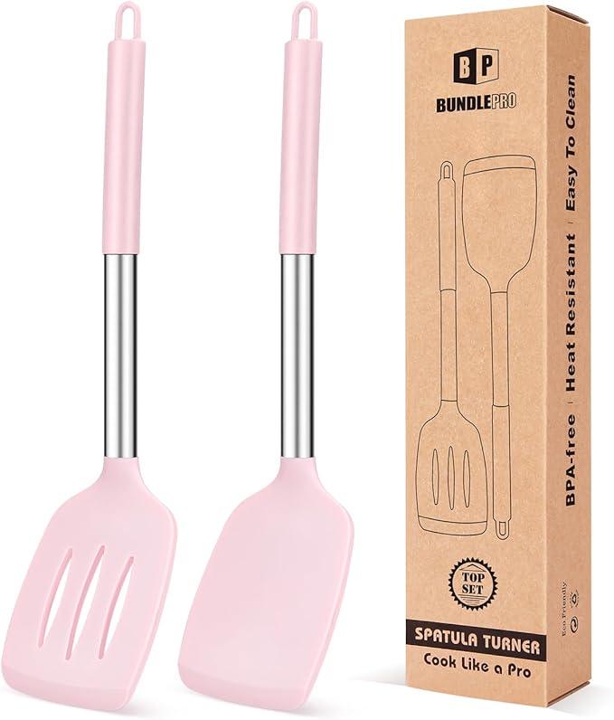 Pack of 2 Silicone Solid Turner, Non Stick Slotted Kitchen Spatulas, High Heat Resistant BPA Free Cooking Utensils, Ideal Cookware for Fish, Eggs, Pancakes(Pink)