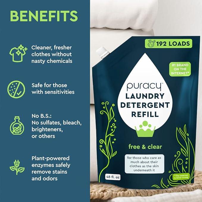 Puracy Laundry Detergent Refill - Enzyme-Powered Liquid Detergent Concentrate, Natural Laundry Detergent Seen on TikTok, Non-Toxic (Free & Clear, 48 fl oz, 192 Loads)