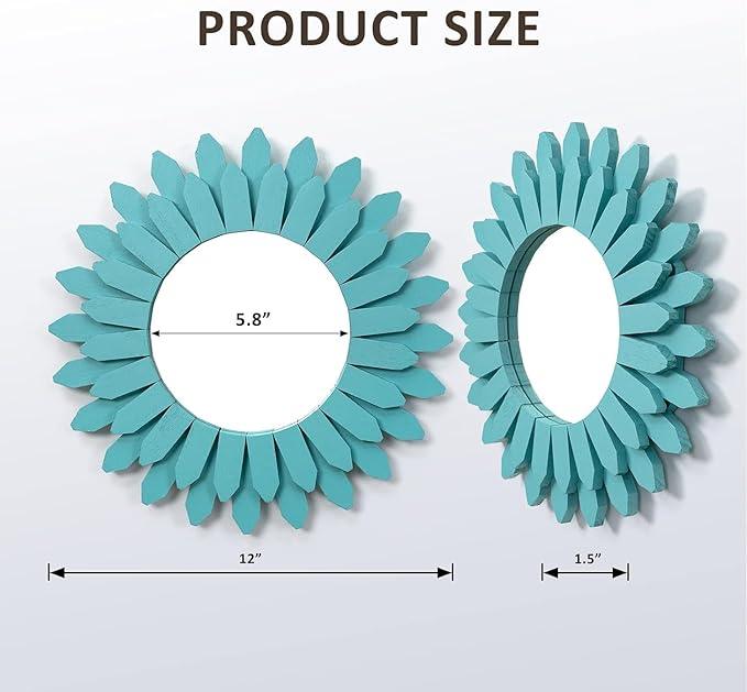 Honiway Beach Wall Decor Mirror 2 Pack 12 inch Wood Coastal Wall Decor Sunburst Boho Home Decor Room Decor for Bedroom Living Room Entryway Cyan