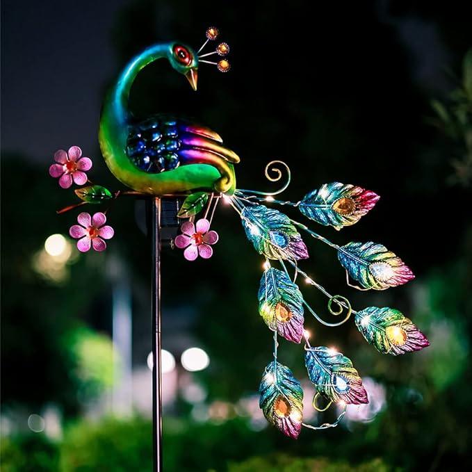 VEWOGARDEN Peacock Solar Lights Outdoor Metal Solar Garden Lights Solar Pathway Lights Outdoor Waterproof LED for Patio Lawn Yard Decorations