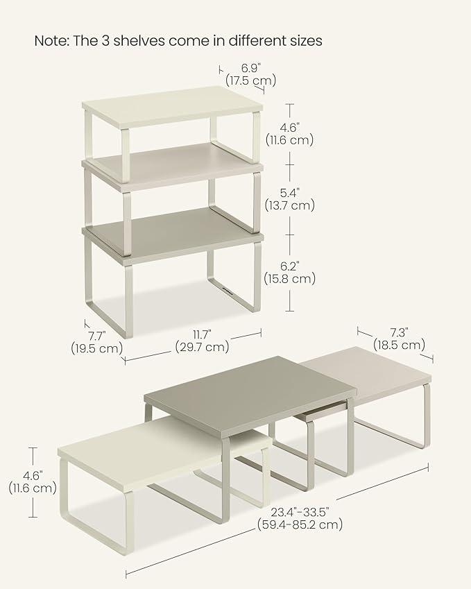 SONGMICS Cabinet Organizer Shelf, Set of 3 Kitchen Counter Shelves, Kitchen Storage, Spice Rack, Stackable, Expandable, Sand Beige UKCS220K01