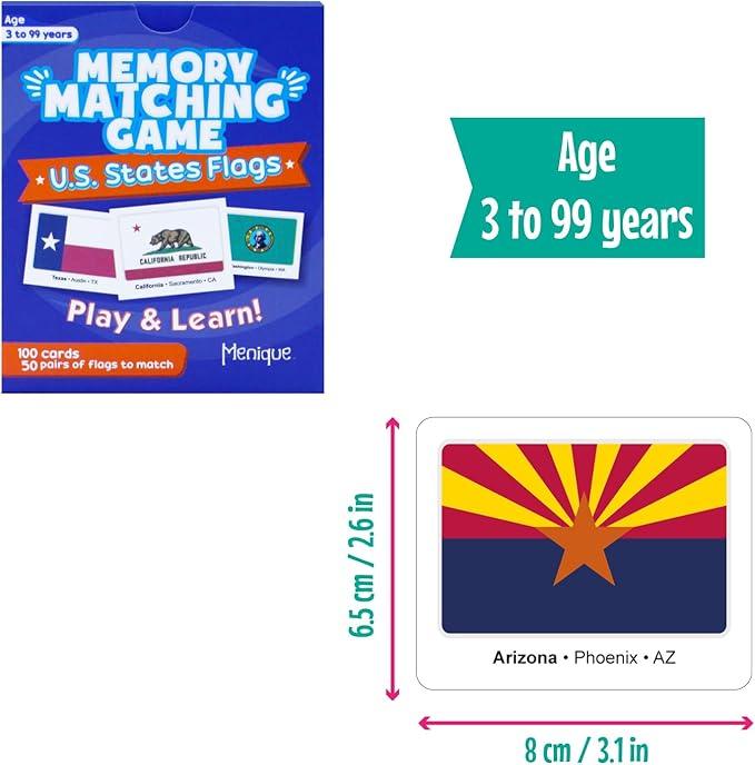 Menique U.S. States Flags Memory Matching Game – 100 Cards (50 Pairs) – Learn State Flags, Capitals & Abbreviations – Educational Card Game for Kids and Adults