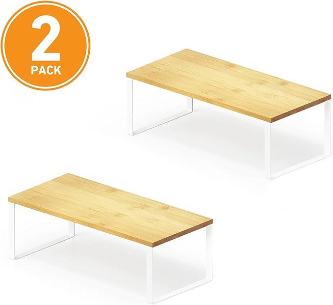 SpaceAid Cabinet Shelf Organizers 2 Pack, Kitchen Counter Rack Shelves Riser, Stackable Expandable Spice Rack, Pantry Cupboard Storage Organization (White and Natural, Long)