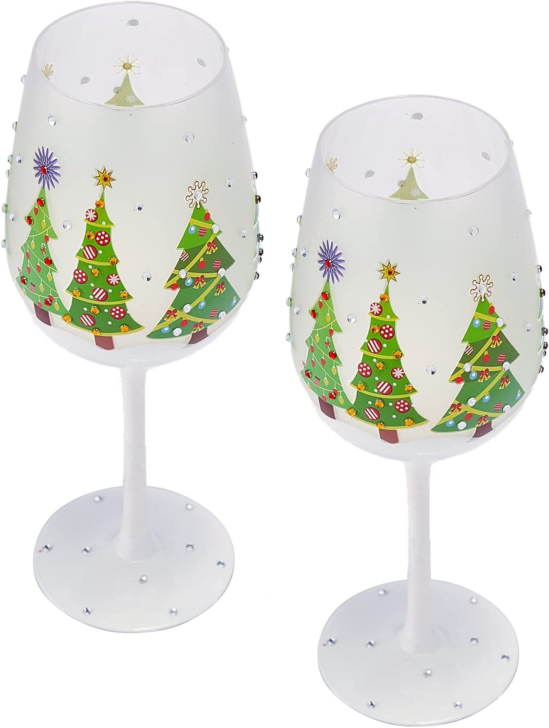 Set of 2 Stemmed Christmas Tree Design Wine Glasses - Hand Painted 14 oz Decorated Christmas Tree Glasses - Perfect for Wine, Champagne, Holiday Parties and Festivities - 8.75