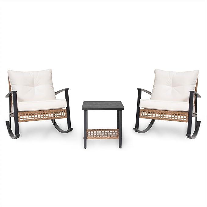 LAUSAINT HOME 3-Piece Rocking Bistro Set, Outdoor Patio Furniture with Thick Cushions and 2-Tier Coffee Table, Oversize Rattan Conversation Set for Garden, Balcony, Backyard (Beige)