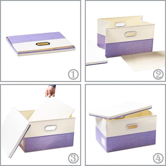 PRANDOM Collapsible Storage Bin with Lid [3-Pack] Fabric Foldable Storage Box Organizer Container Basket Cube with Cover for Home Bedroom Closet Office Nursery Purple&Cream(14.9x9.8x9.8)