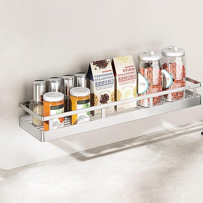 19.69Inch Spice Rack Organizer, SUS304 Stainless Steel Wall Mount Spice Rack Storage Basket, Kitchen Racks, Nail-Free Installation