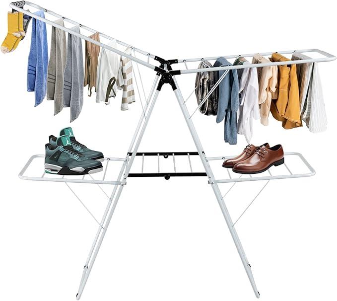 COSTWAY Clothes Drying Rack, Foldable 2-Level Laundry Drying Rack w/Height-Adjustable Wings, 33 Drying Rails & Sock Clips, Standing Large Drying Rack for Clothing, Indoor Outdoor Use