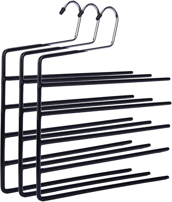 Nature Smile Pants Hangers 3pack, Heavy Duty Multi Layers Space Saving Slack Hangers,Non Slip 5 Tier Open-Ended Pants Hanger Closet Storage Organizer for Garden Flags Trousers Jeans Scarf